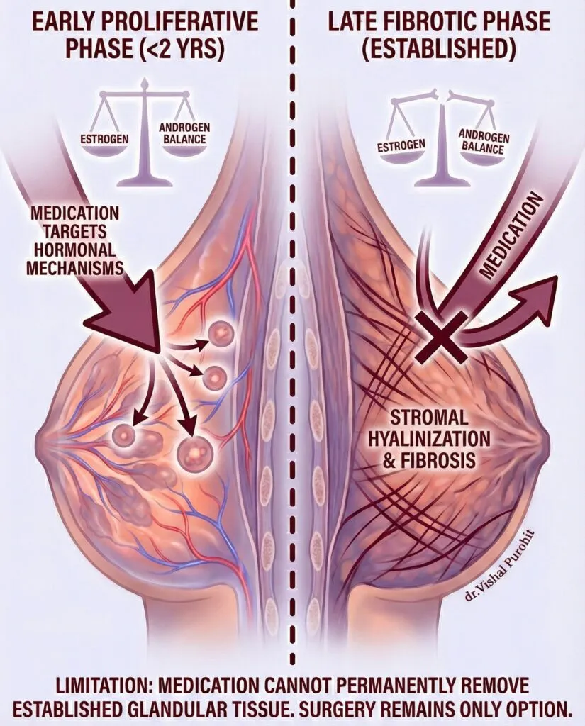 Medical illustration showing early proliferative versus late fibrotic gynecomastia phases and medication resistance.