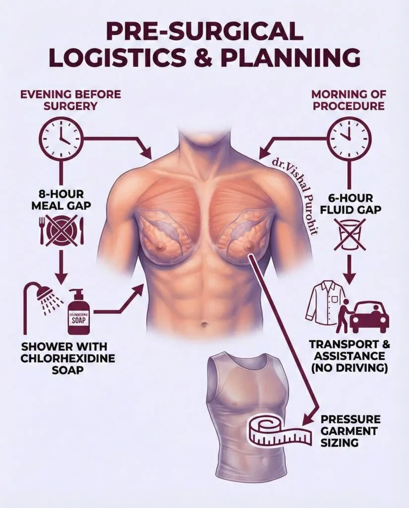Infographic detailing pre-surgical planning and logistics for gynecomastia surgery by Dr. Vishal Purohit.