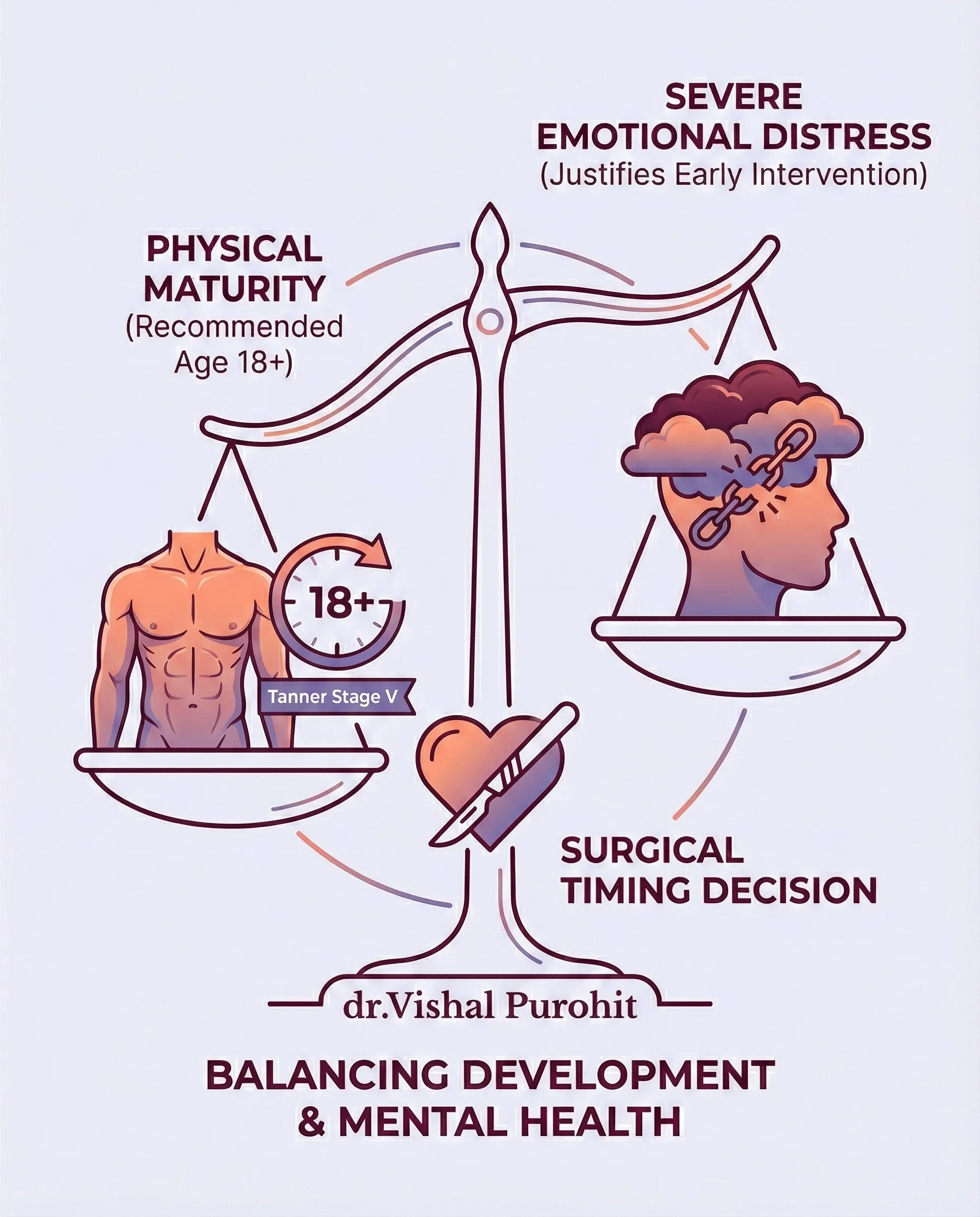 Infographic: Balancing Gynecomastia Surgery Timing with Physical Maturity and Emotional Distress.