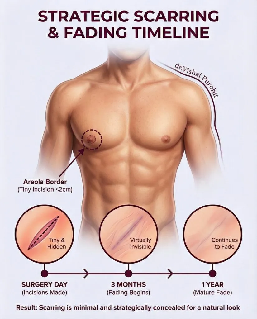Gynecomastia surgery areola border incision and 1-year minimal scar healing timeline.