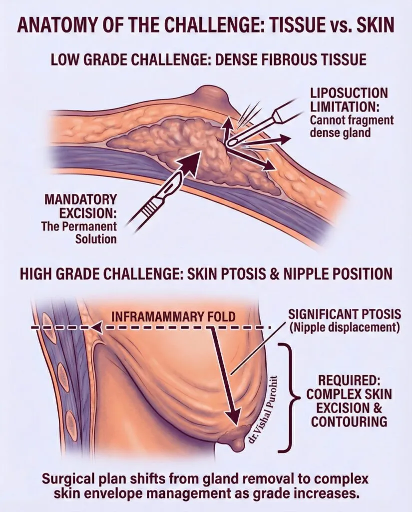 Gynecomastia infographic comparing surgical techniques for dense fibrous tissue versus significant skin ptosis.