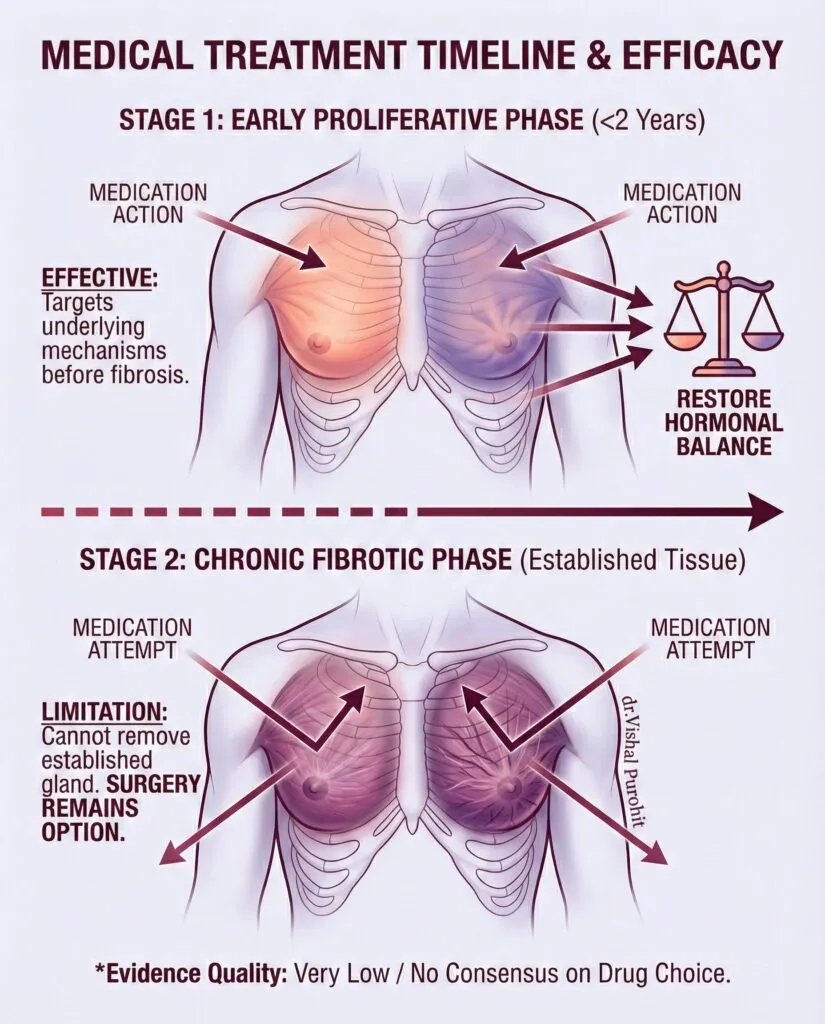 Gynecomastia treatment timeline infographic comparing medication efficacy versus surgical necessity for fibrotic tissue