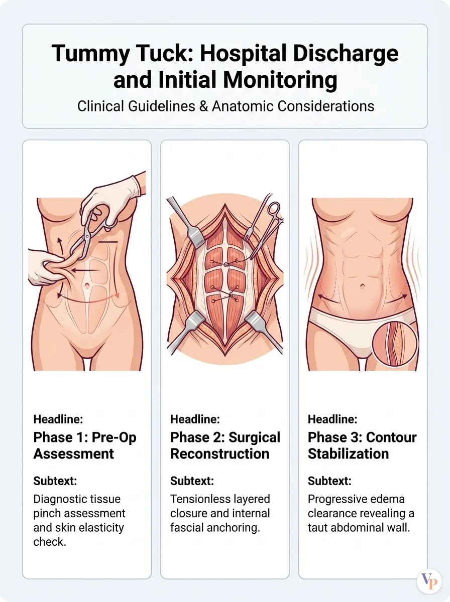 Medical schematic diagram illustrating Hospital Discharge and Initial Monitoring in tummy tuck surgery by Dr. Vishal Purohit in Jaipur