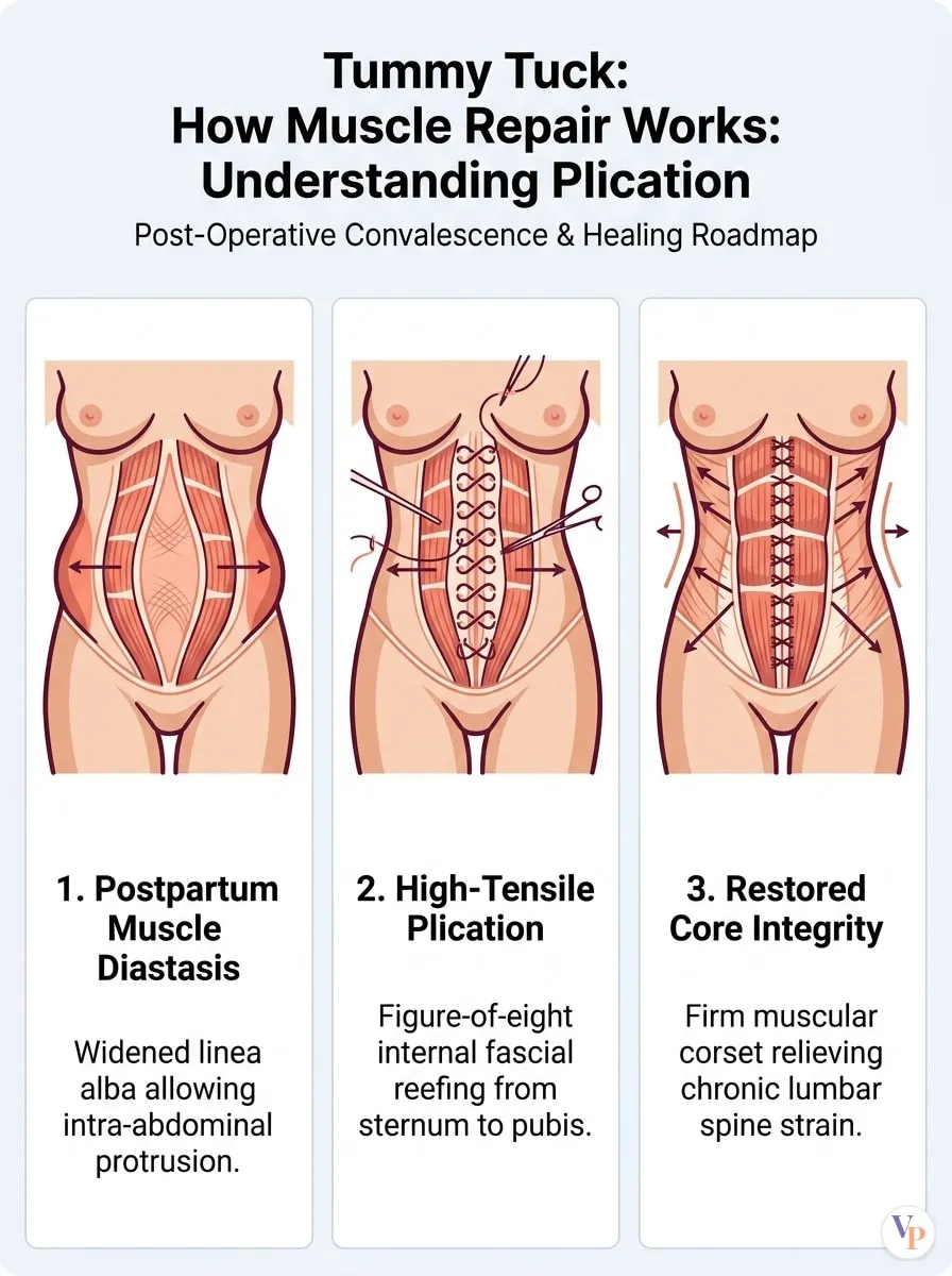 Medical schematic diagram illustrating How Muscle Repair Works: Understanding Plication in tummy tuck surgery by Dr. Vishal Purohit in Jaipur