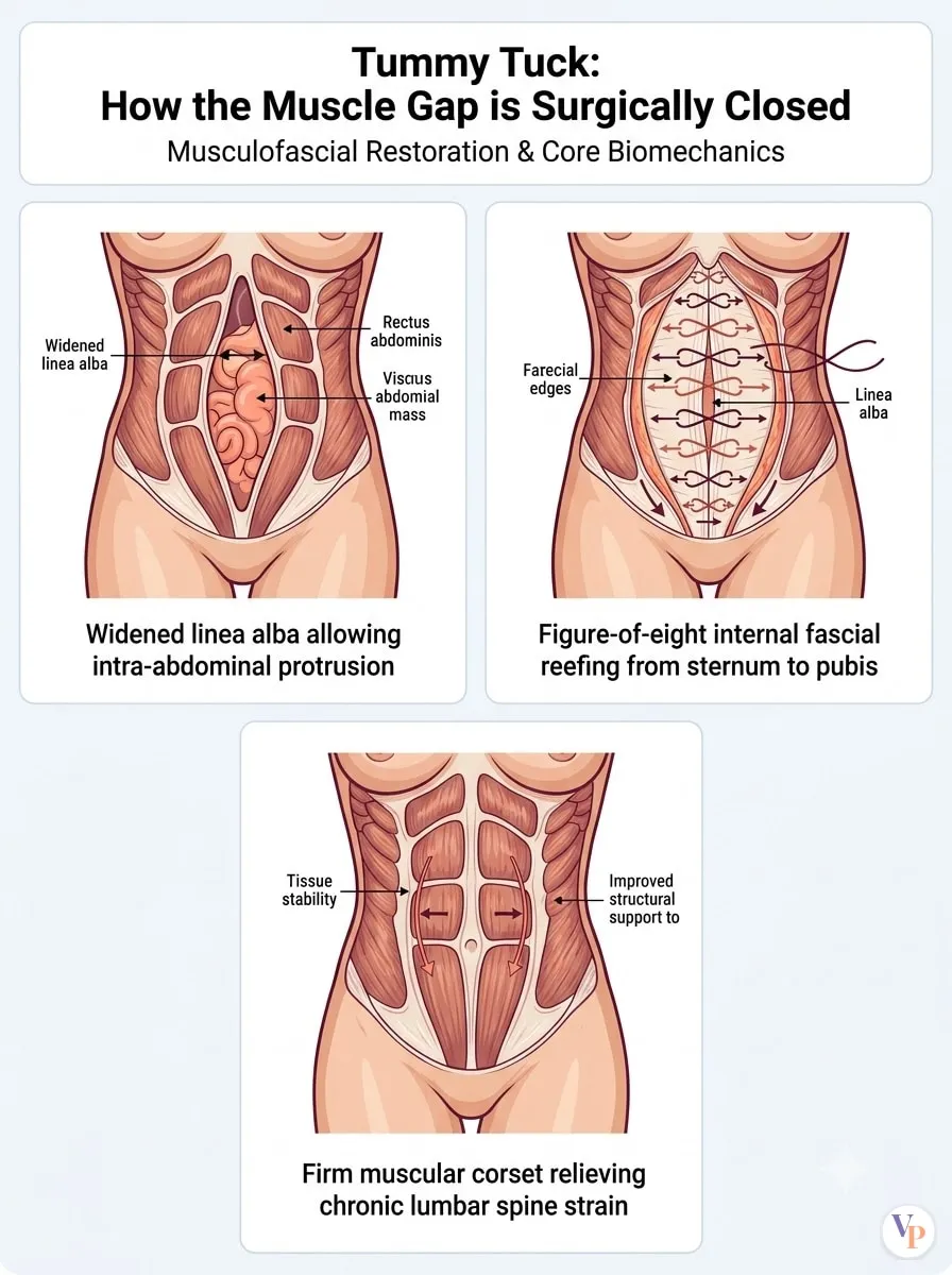 Medical schematic diagram illustrating How the Muscle Gap is Surgically Closed in tummy tuck surgery by Dr. Vishal Purohit in Jaipur