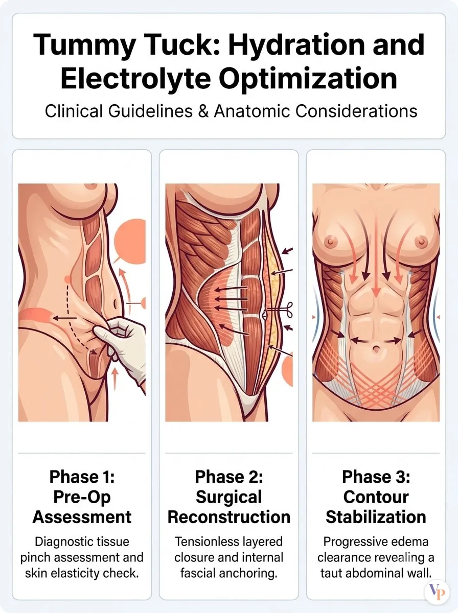 Medical schematic diagram illustrating Hydration and Electrolyte Optimization in tummy tuck surgery by Dr. Vishal Purohit in Jaipur