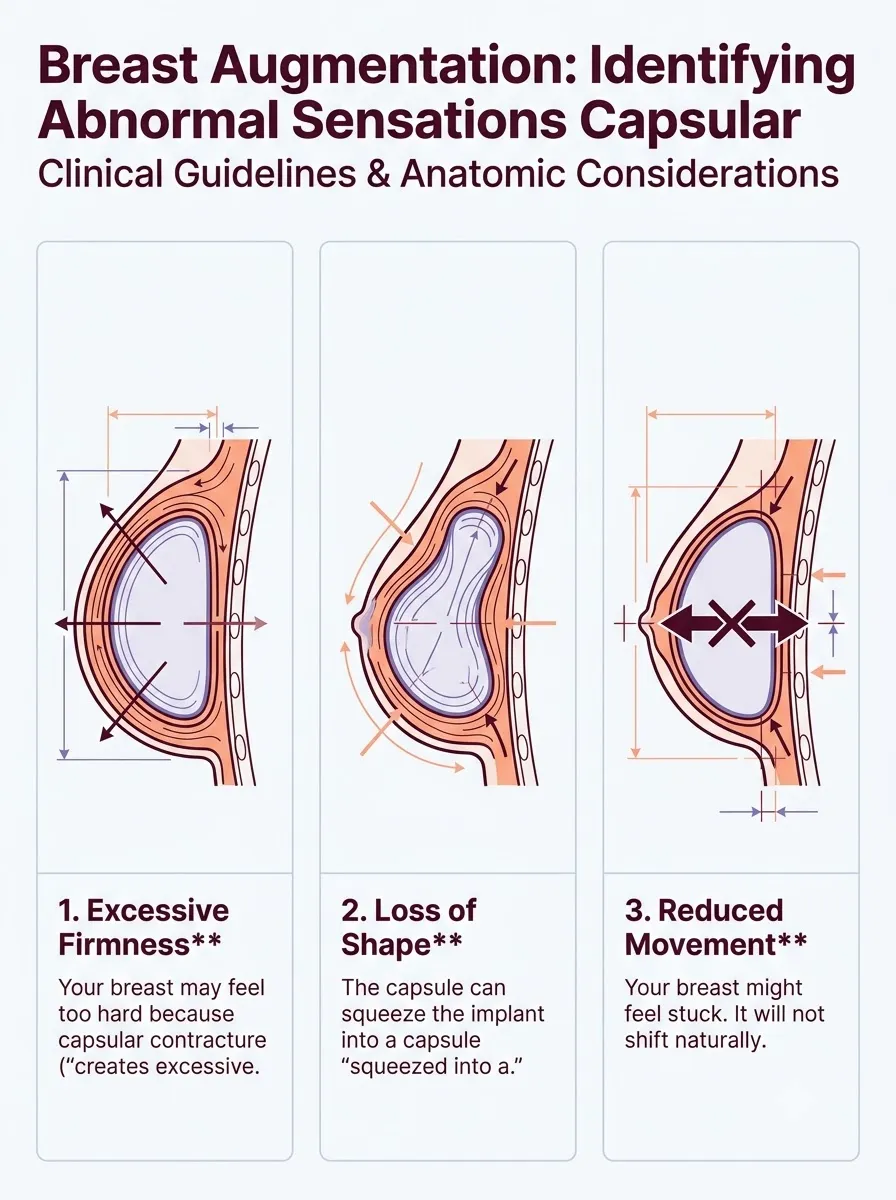 Medical schematic diagram illustrating identifying abnormal sensations: capsular tightness and contracture in breast augmentation surgery by Dr. Vishal Purohit in Jaipur