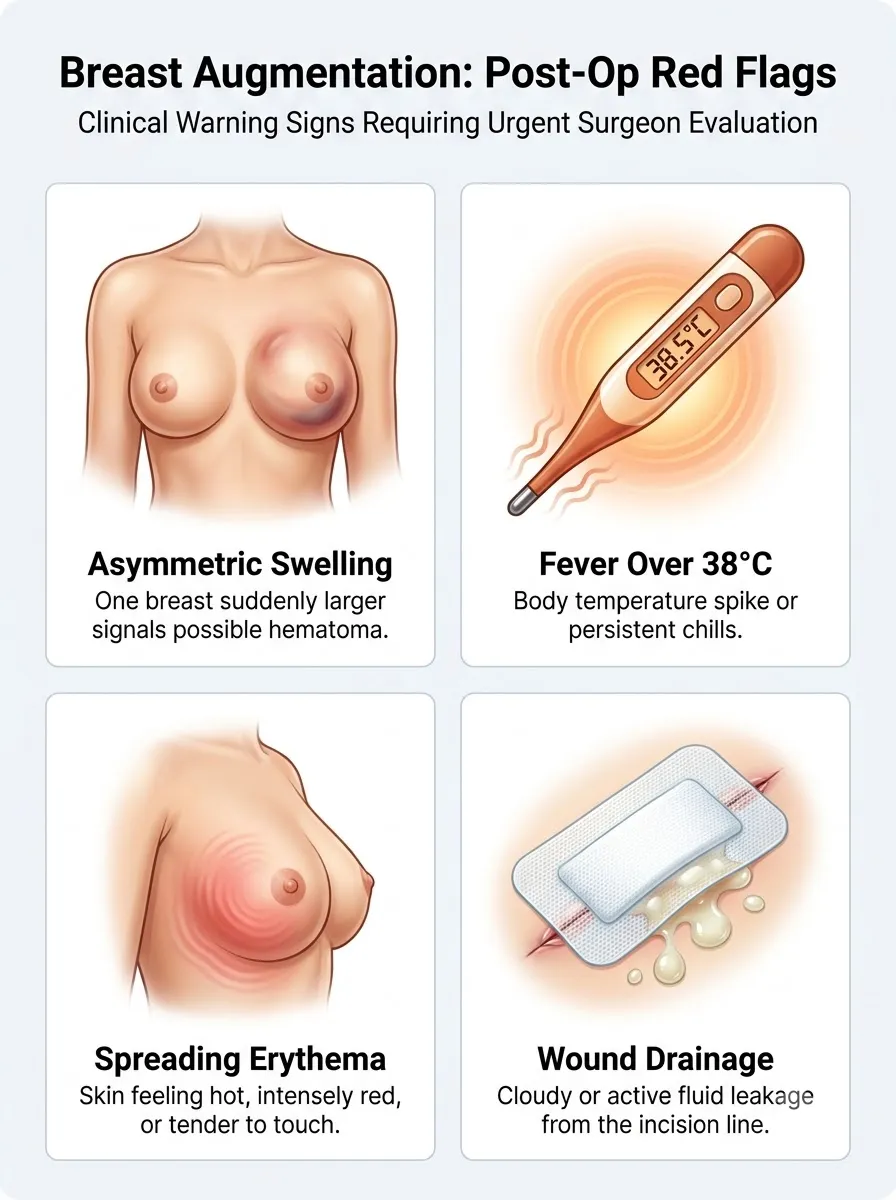 Medical schematic diagram illustrating identifying red flags urgent consultation in breast augmentation surgery by Dr. Vishal Purohit in Jaipur