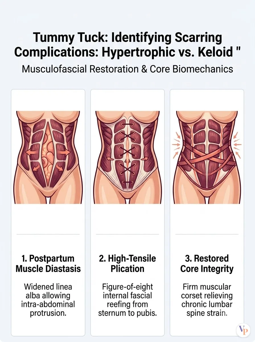Medical schematic diagram illustrating Identifying Scarring Complications: Hypertrophic vs. Keloid Scars in tummy tuck surgery by Dr. Vishal Purohit in Jaipur