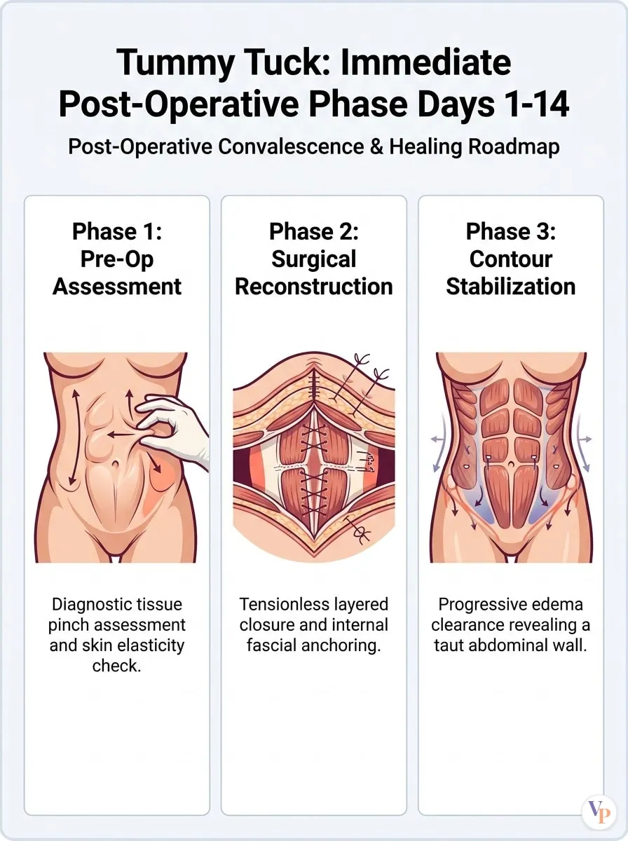Medical schematic diagram illustrating Immediate Post-Operative Phase (Days 1-14) in tummy tuck surgery by Dr. Vishal Purohit in Jaipur