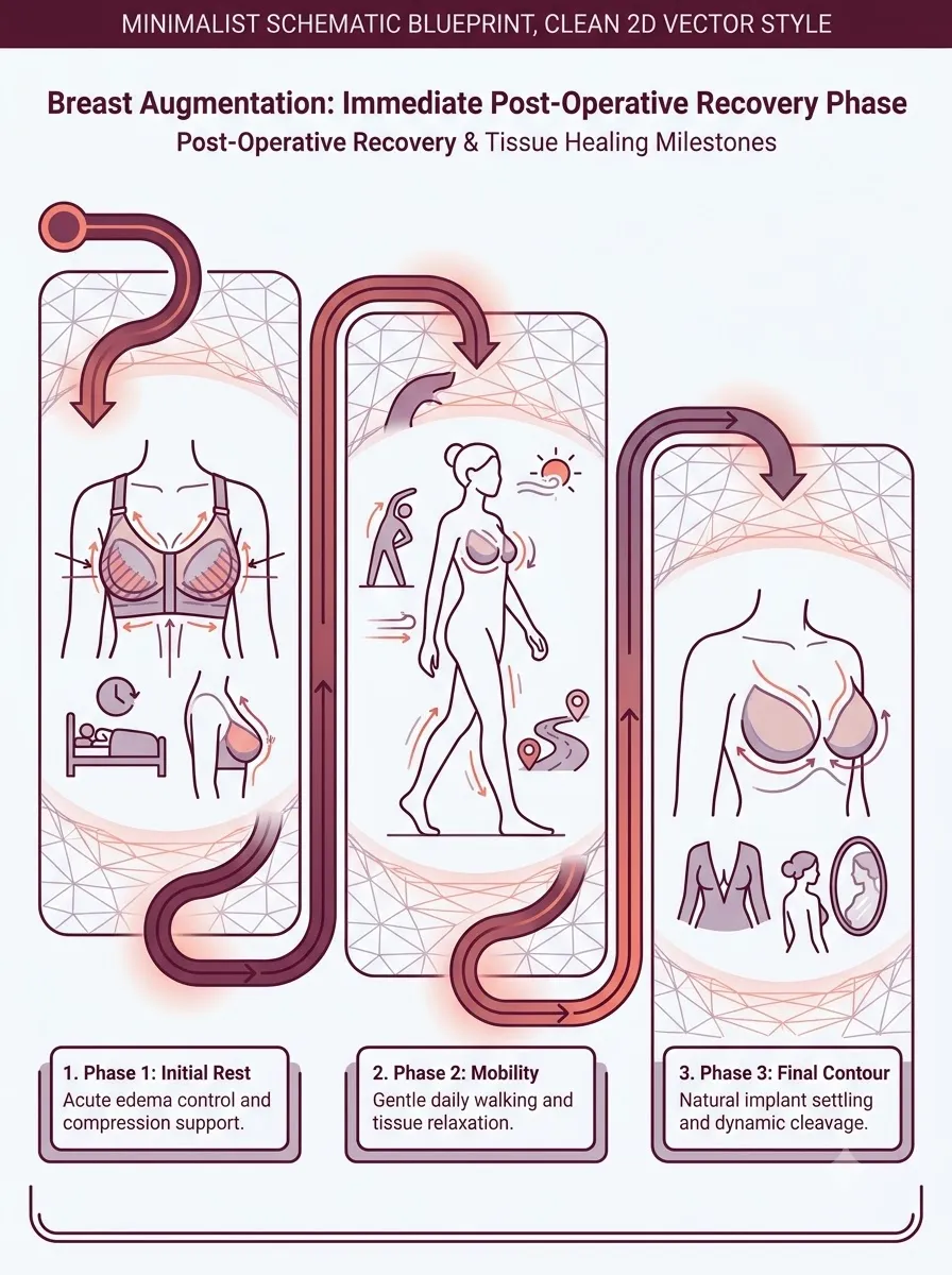 Medical schematic diagram illustrating immediate post-operative recovery phase in breast augmentation surgery by Dr. Vishal Purohit in Jaipur