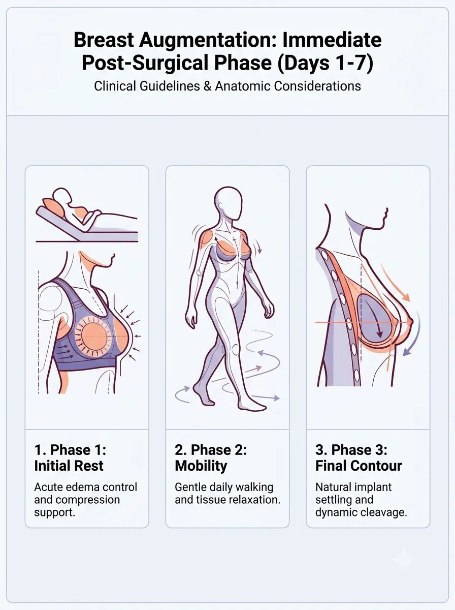 Medical schematic diagram illustrating immediate post-surgical phase (days 1-7) in breast augmentation surgery by Dr. Vishal Purohit in Jaipur