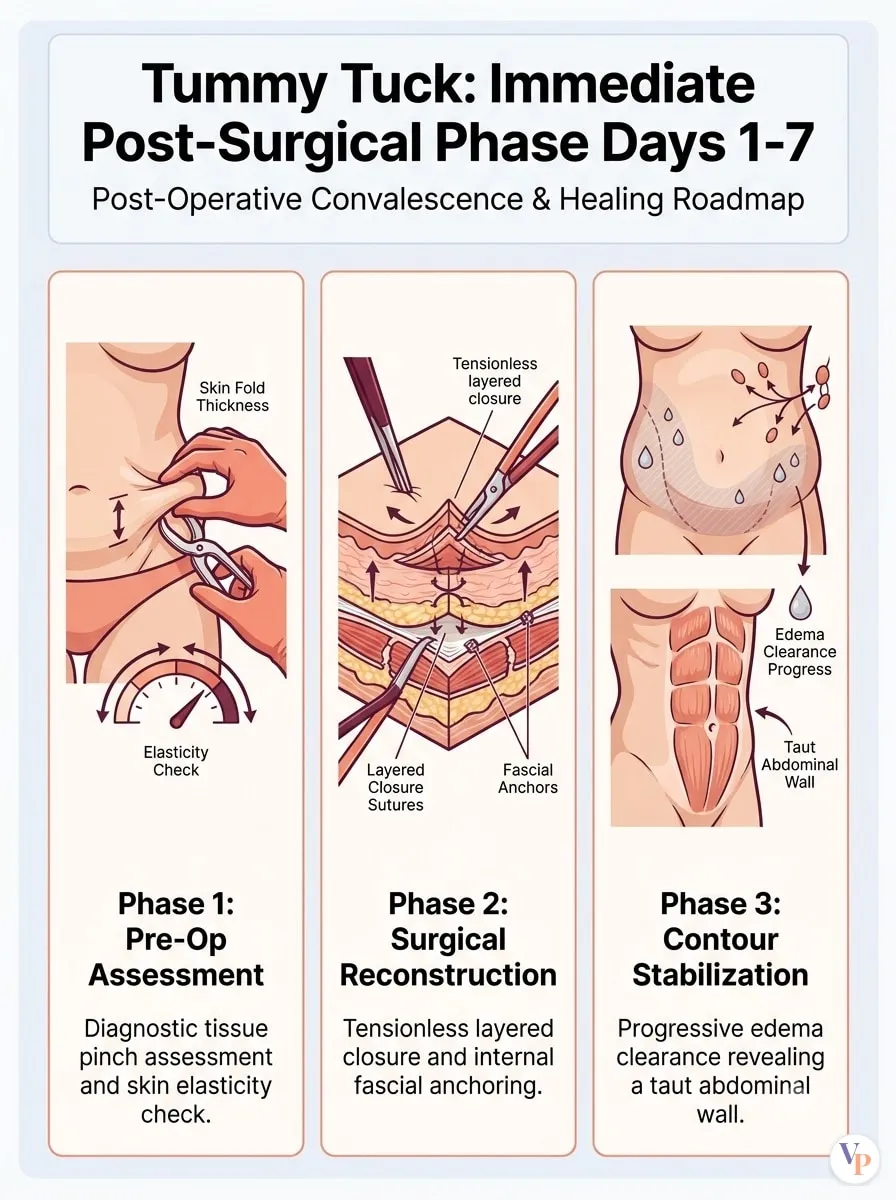 Medical schematic diagram illustrating Immediate Post-Surgical Phase (Days 1-7) in tummy tuck surgery by Dr. Vishal Purohit in Jaipur