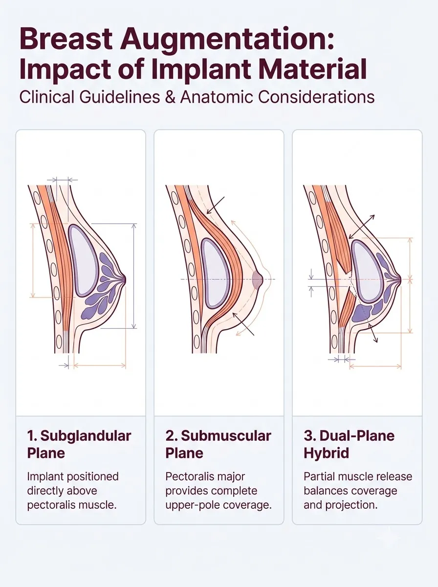 Medical schematic diagram illustrating impact of implant material on replacement frequency in breast augmentation surgery by Dr. Vishal Purohit in Jaipur