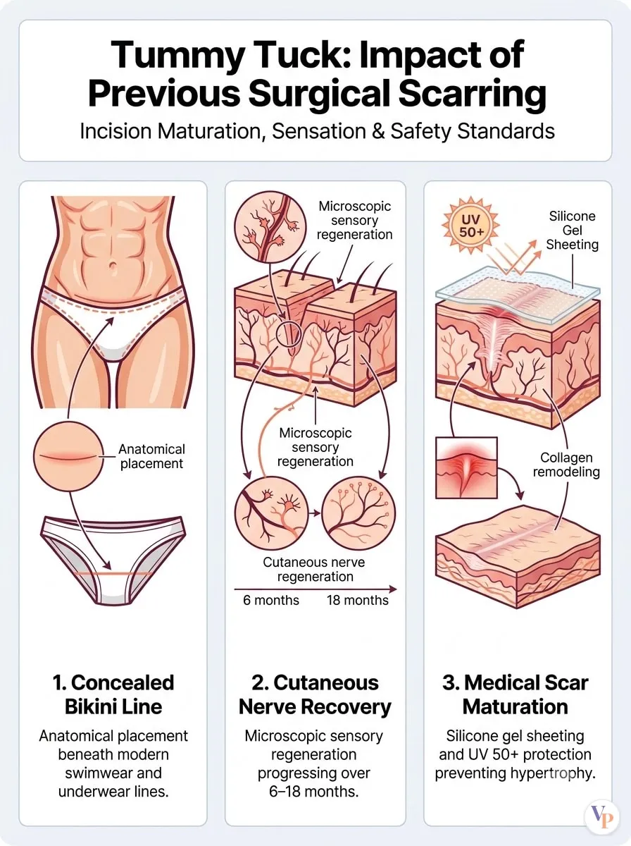 Medical schematic diagram illustrating Impact of Previous Surgical Scarring in tummy tuck surgery by Dr. Vishal Purohit in Jaipur