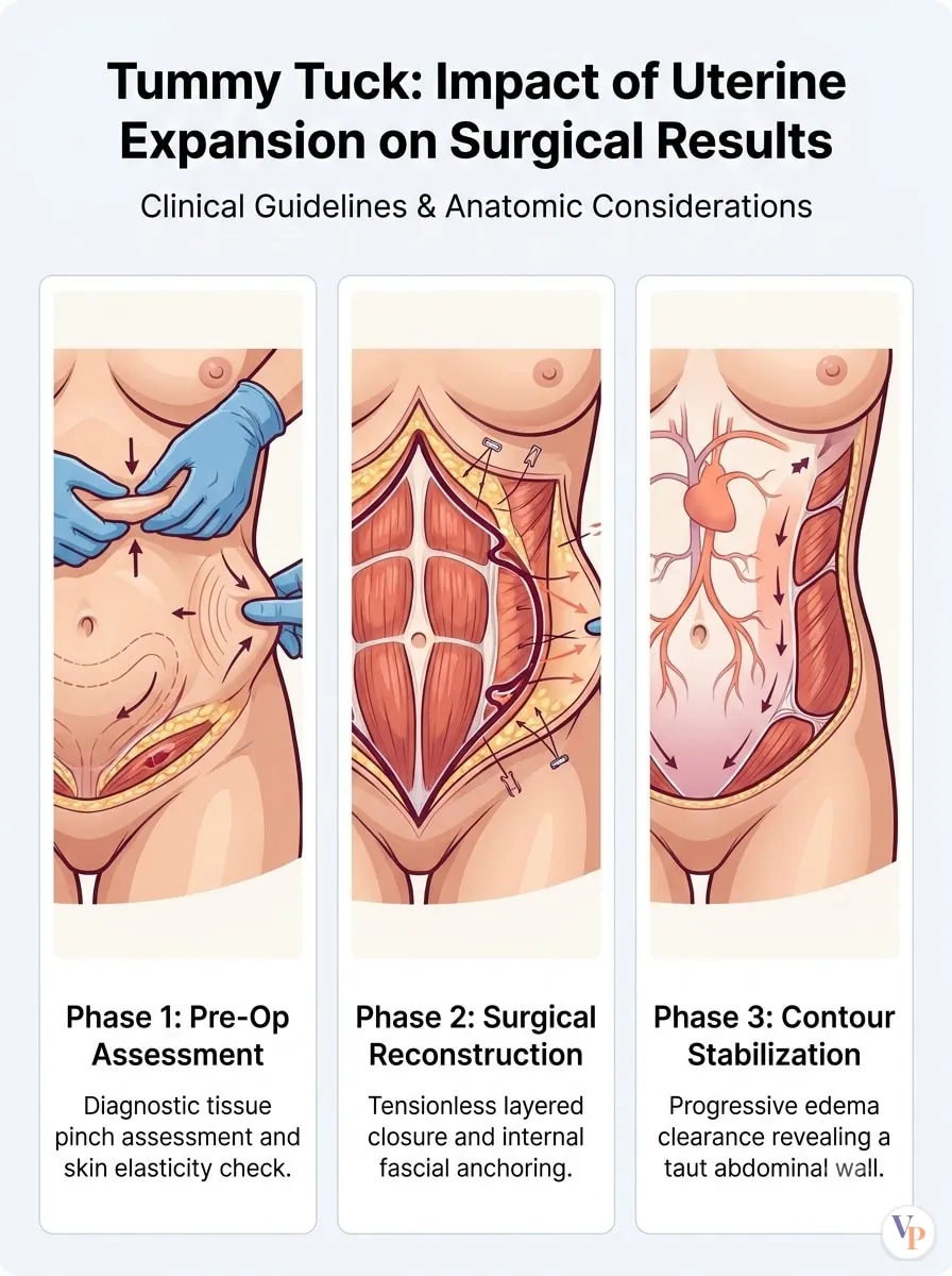 Medical schematic diagram illustrating Impact of Uterine Expansion on Surgical Results in tummy tuck surgery by Dr. Vishal Purohit in Jaipur