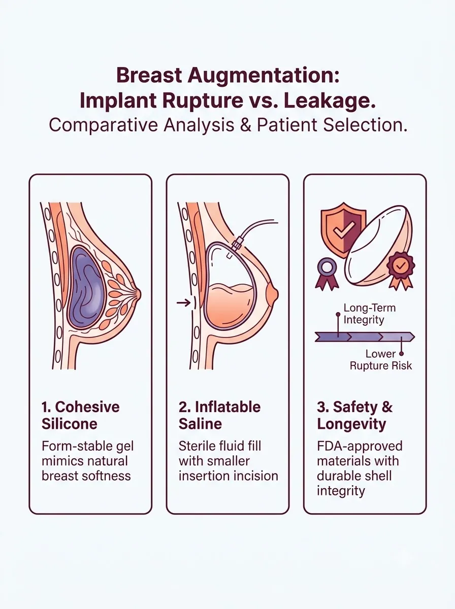 Medical schematic diagram illustrating implant rupture vs. leakage: critical differences in breast augmentation surgery by Dr. Vishal Purohit in Jaipur