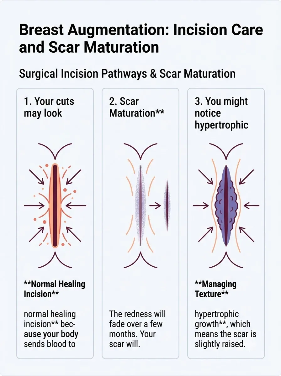 Medical schematic diagram illustrating incision care and scar maturation in breast augmentation surgery by Dr. Vishal Purohit in Jaipur