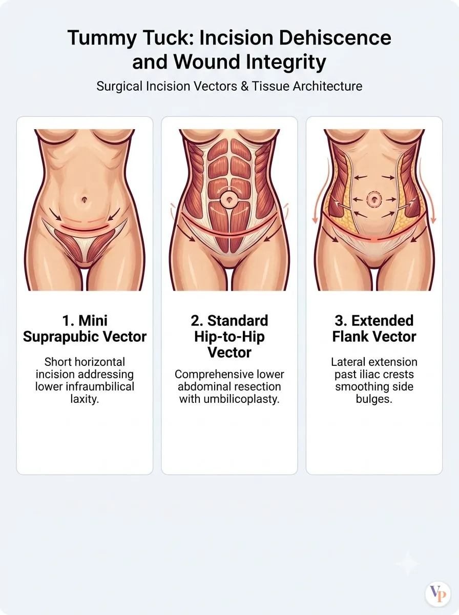 Medical schematic diagram illustrating Incision Dehiscence and Wound Integrity in tummy tuck surgery by Dr. Vishal Purohit in Jaipur