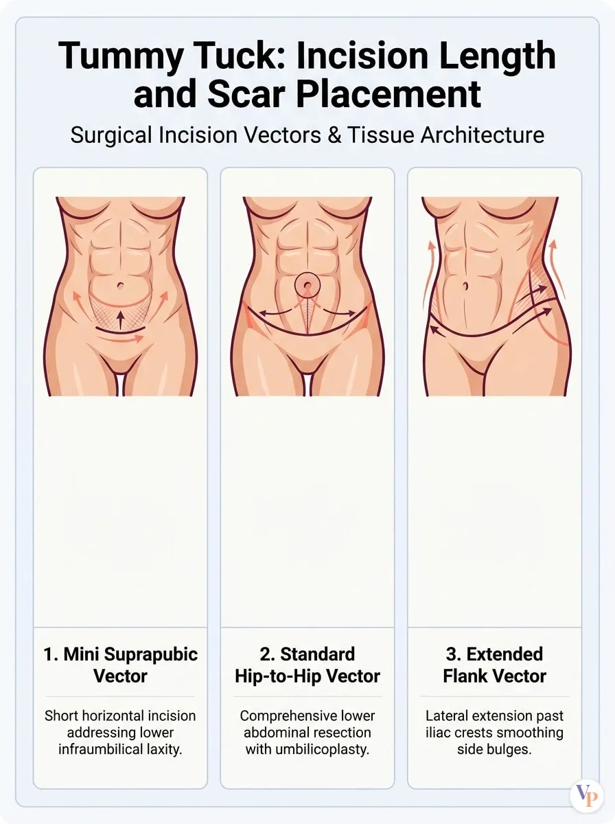 Medical schematic diagram illustrating Incision Length and Scar Placement in tummy tuck surgery by Dr. Vishal Purohit in Jaipur