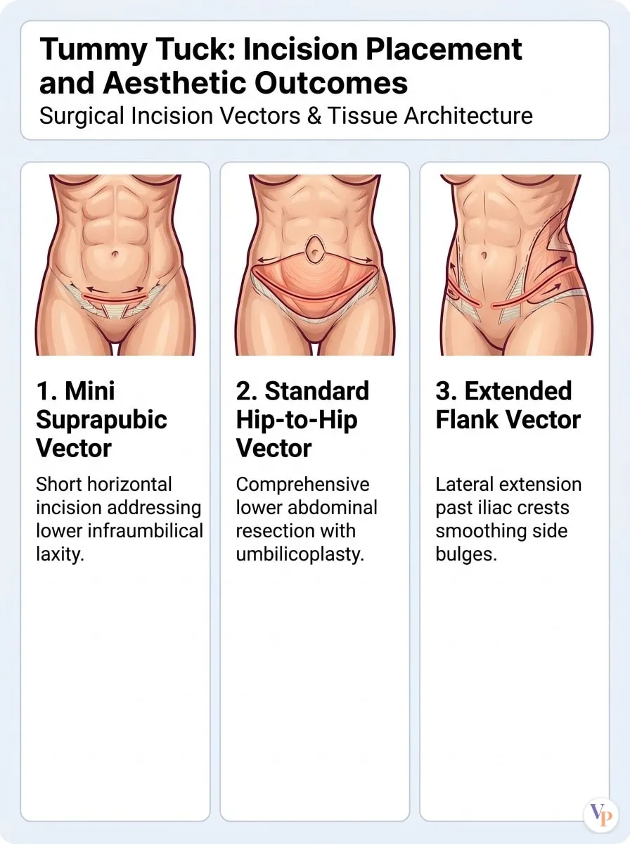 Medical schematic diagram illustrating Incision Placement and Aesthetic Outcomes in tummy tuck surgery by Dr. Vishal Purohit in Jaipur