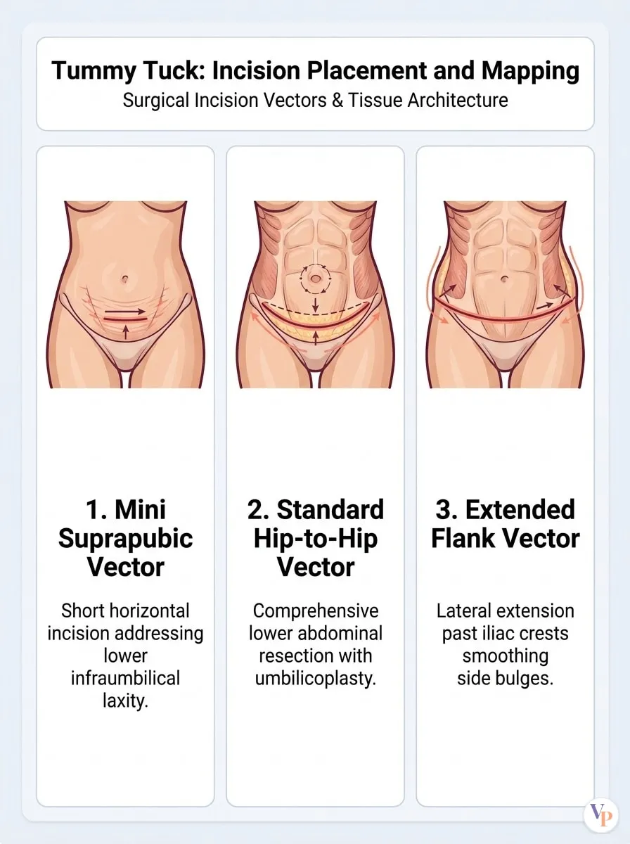 Medical schematic diagram illustrating Incision Placement and Mapping in tummy tuck surgery by Dr. Vishal Purohit in Jaipur