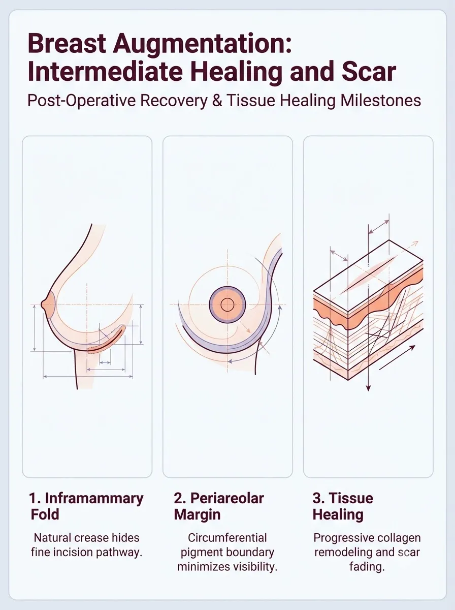 Medical schematic diagram illustrating intermediate healing and scar management (weeks 2-6) in breast augmentation surgery by Dr. Vishal Purohit in Jaipur