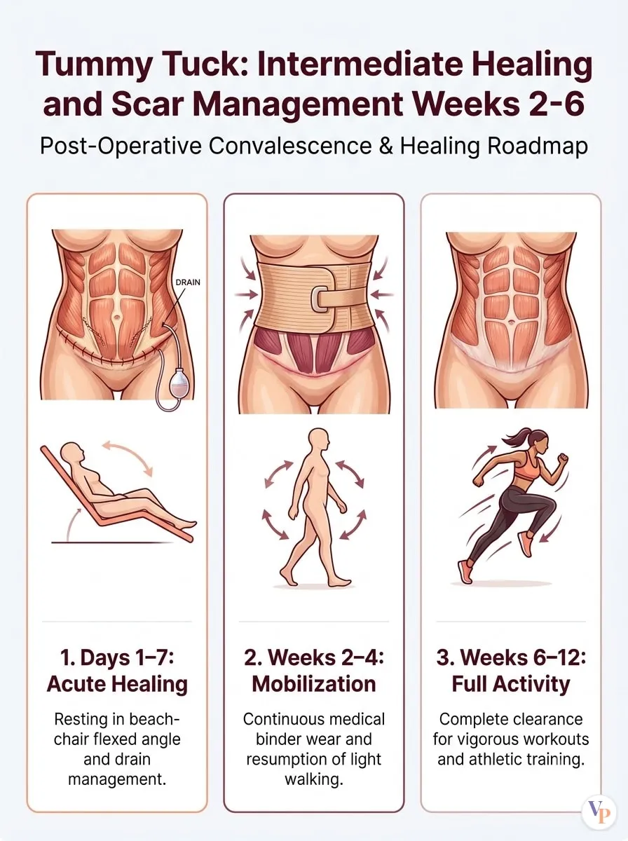 Medical schematic diagram illustrating Intermediate Healing and Scar Management (Weeks 2-6) in tummy tuck surgery by Dr. Vishal Purohit in Jaipur