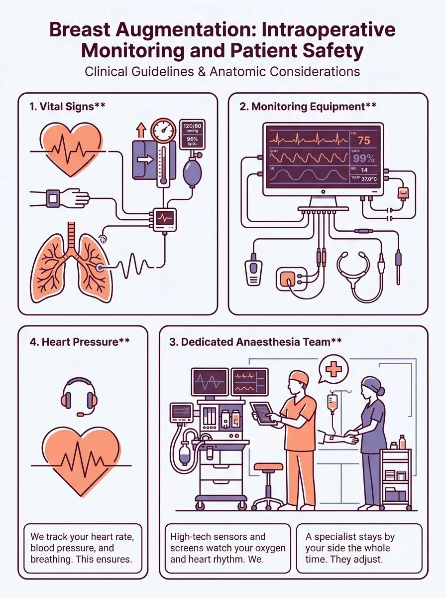 Medical schematic diagram illustrating intraoperative monitoring and patient safety in breast augmentation surgery by Dr. Vishal Purohit in Jaipur