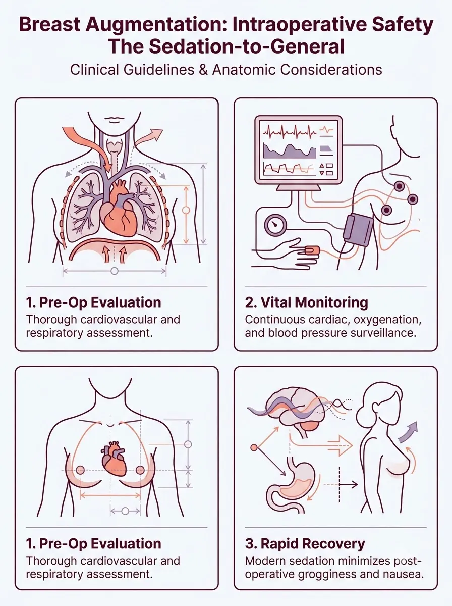 Medical schematic diagram illustrating intraoperative safety: the sedation-to-general transition protocol in breast augmentation surgery by Dr. Vishal Purohit in Jaipur