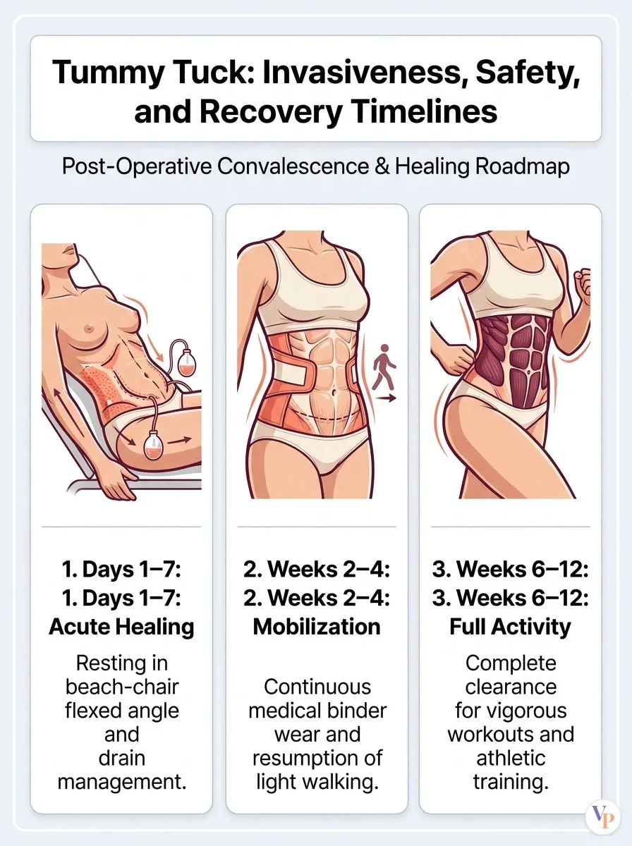 Medical schematic diagram illustrating Invasiveness, Safety, and Recovery Timelines in tummy tuck surgery by Dr. Vishal Purohit in Jaipur