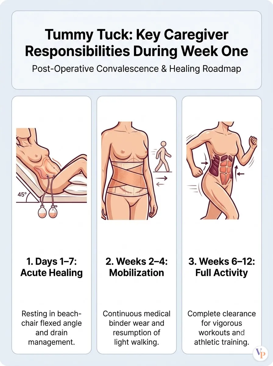 Medical schematic diagram illustrating Key Caregiver Responsibilities During Week One in tummy tuck surgery by Dr. Vishal Purohit in Jaipur