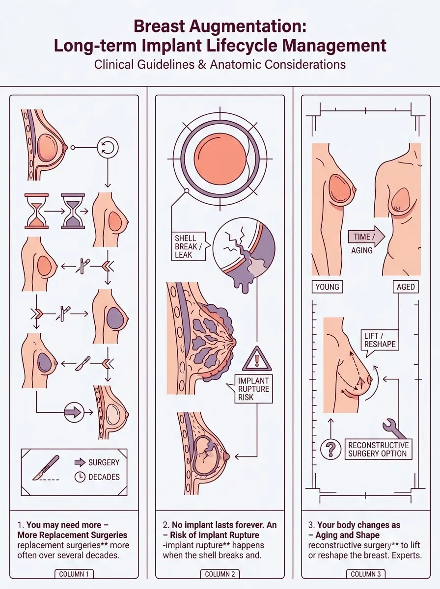 Medical schematic diagram illustrating long-term implant lifecycle management in breast augmentation surgery by Dr. Vishal Purohit in Jaipur