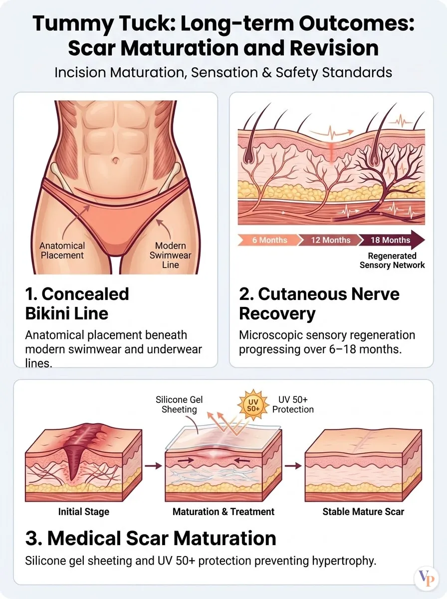 Medical schematic diagram illustrating Long-term Outcomes: Scar Maturation and Revision in tummy tuck surgery by Dr. Vishal Purohit in Jaipur