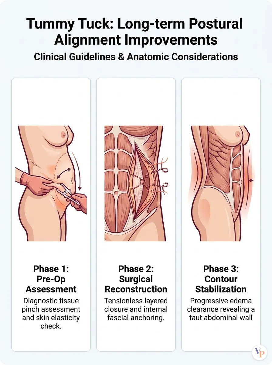 Medical schematic diagram illustrating Long-term Postural Alignment Improvements in tummy tuck surgery by Dr. Vishal Purohit in Jaipur