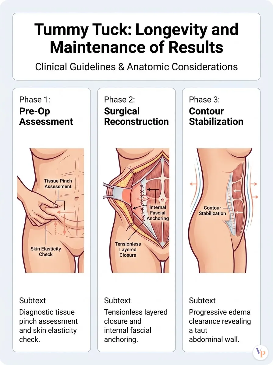 Medical schematic diagram illustrating Longevity and Maintenance of Results in tummy tuck surgery by Dr. Vishal Purohit in Jaipur