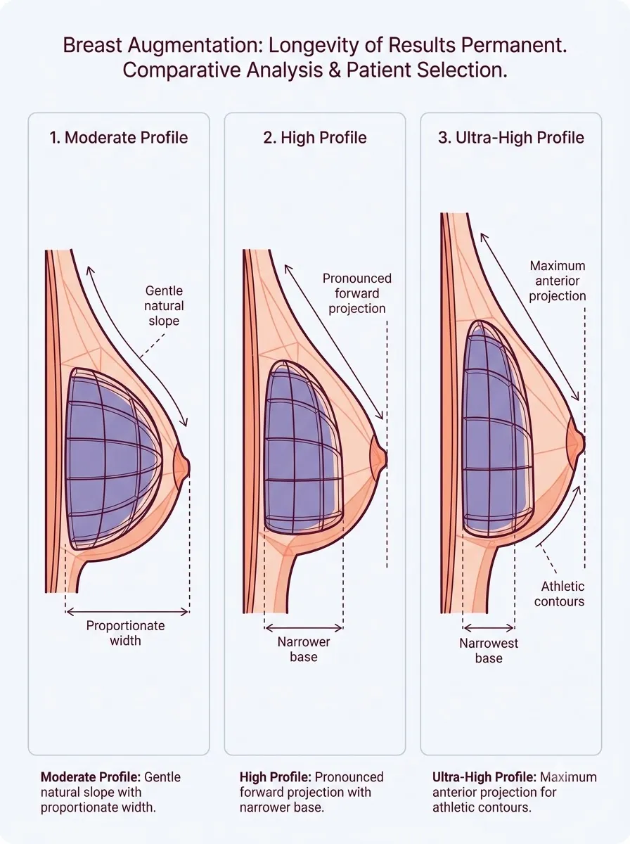 Medical schematic diagram illustrating longevity of results: permanent vs. temporary solutions in breast augmentation surgery by Dr. Vishal Purohit in Jaipur