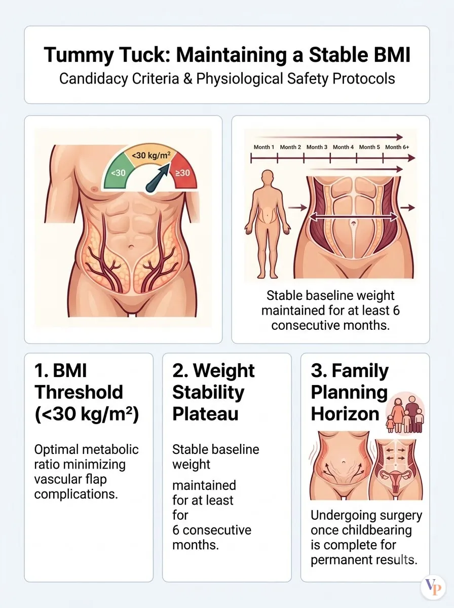 Medical schematic diagram illustrating Maintaining a Stable BMI in tummy tuck surgery by Dr. Vishal Purohit in Jaipur