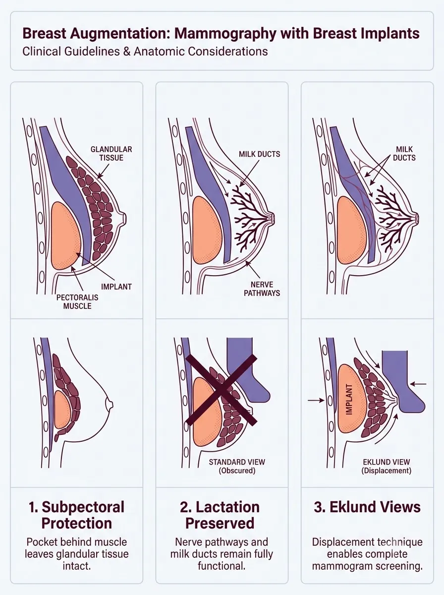 Medical schematic diagram illustrating mammography with breast implants: ensuring diagnostic accuracy in breast augmentation surgery by Dr. Vishal Purohit in Jaipur