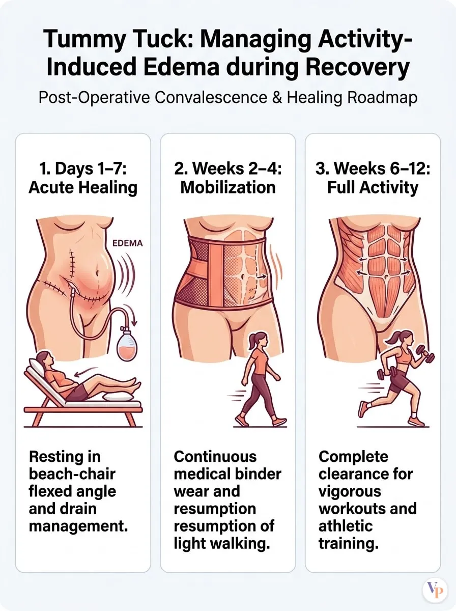 Medical schematic diagram illustrating Managing Activity-Induced Edema during Recovery in tummy tuck surgery by Dr. Vishal Purohit in Jaipur