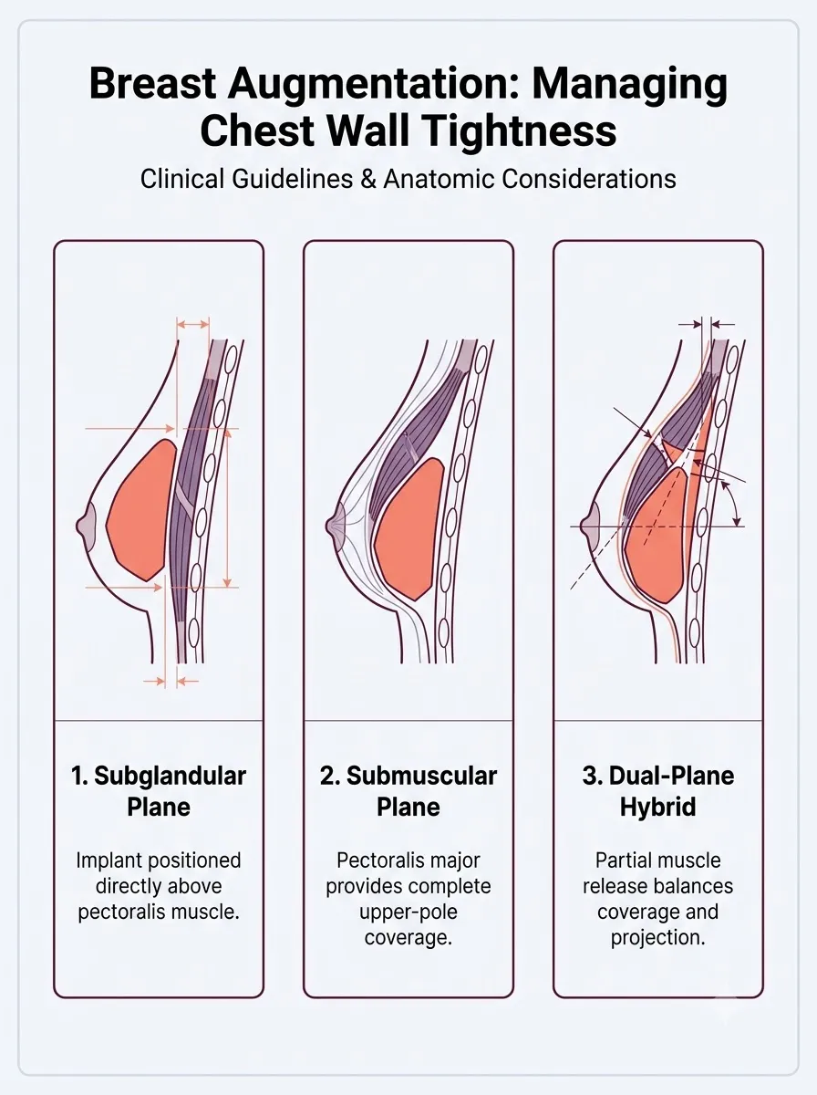 Medical schematic diagram illustrating managing chest wall tightness and sensation in breast augmentation surgery by Dr. Vishal Purohit in Jaipur