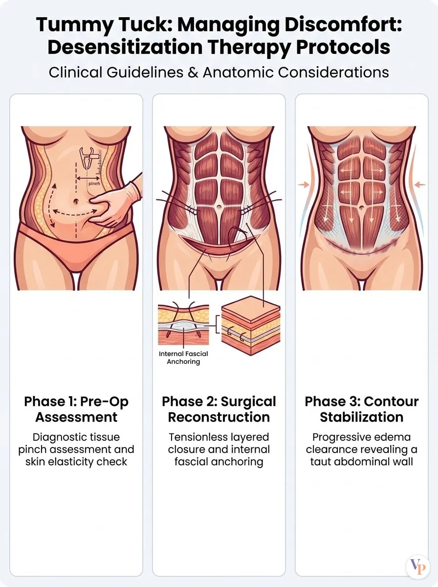 Medical schematic diagram illustrating Managing Discomfort: Desensitization Therapy Protocols in tummy tuck surgery by Dr. Vishal Purohit in Jaipur