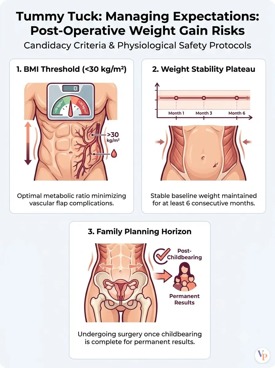 Medical schematic diagram illustrating Managing Expectations: Post-Operative Weight Gain Risks in tummy tuck surgery by Dr. Vishal Purohit in Jaipur