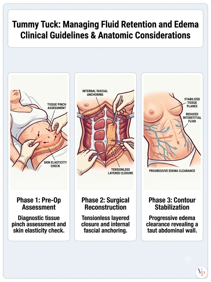 Medical schematic diagram illustrating Managing Fluid Retention and Edema in tummy tuck surgery by Dr. Vishal Purohit in Jaipur