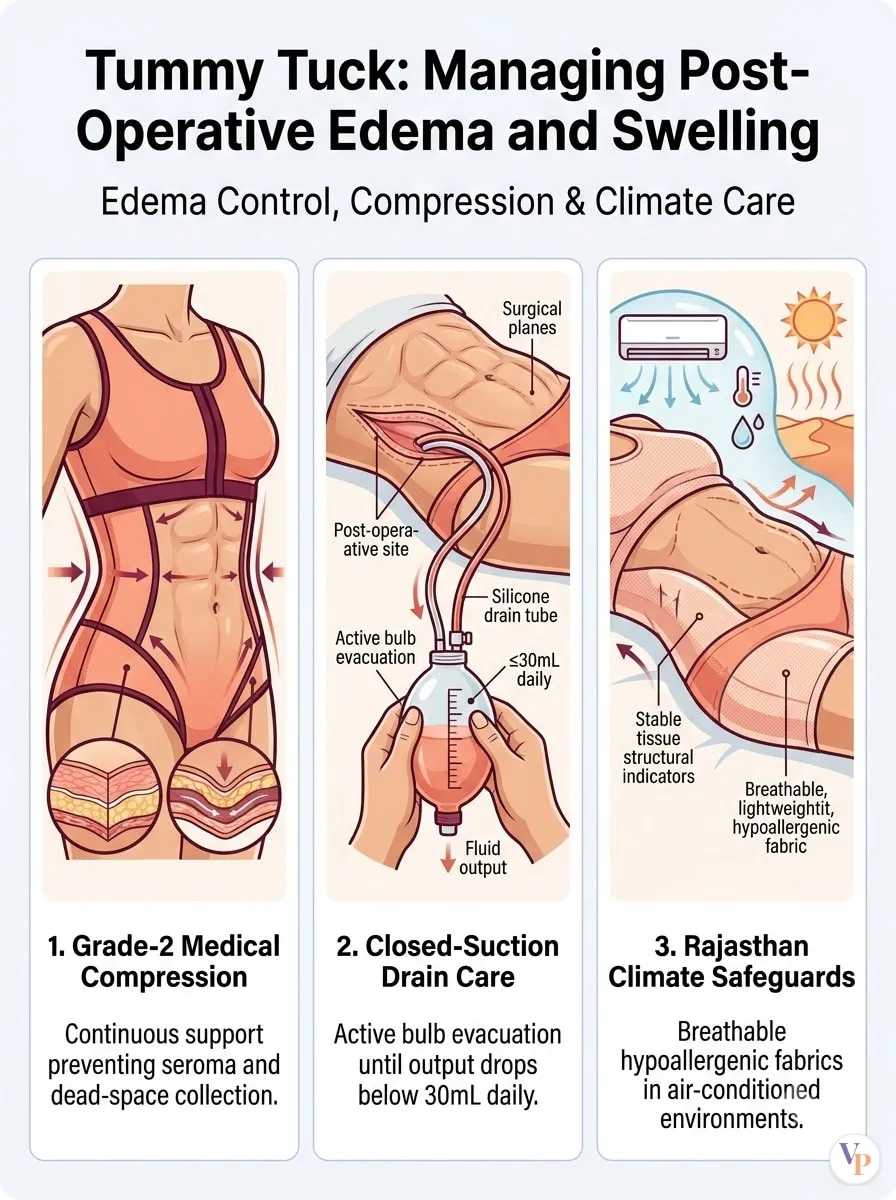 Medical schematic diagram illustrating Managing Post-Operative Edema and Swelling in tummy tuck surgery by Dr. Vishal Purohit in Jaipur