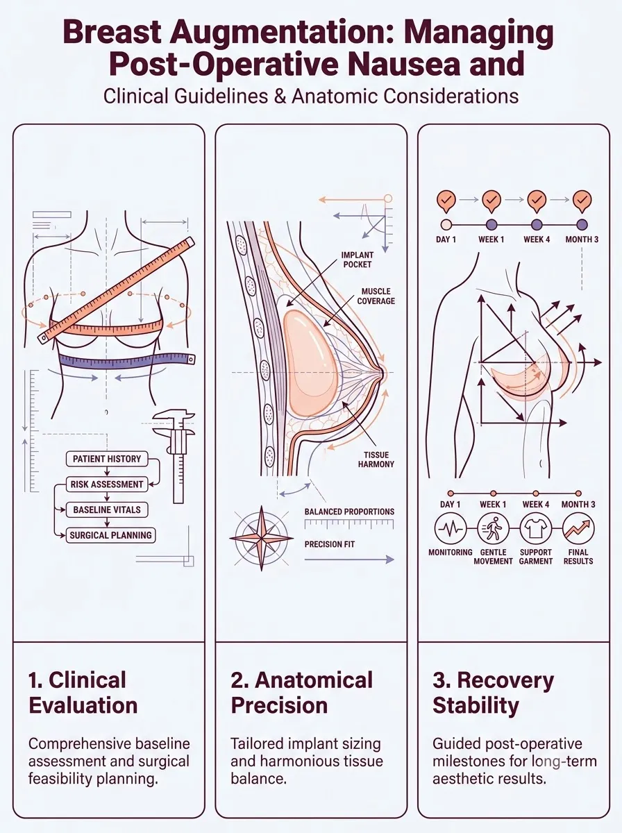 Medical schematic diagram illustrating managing post-operative nausea and vomiting (ponv) in breast augmentation surgery by Dr. Vishal Purohit in Jaipur