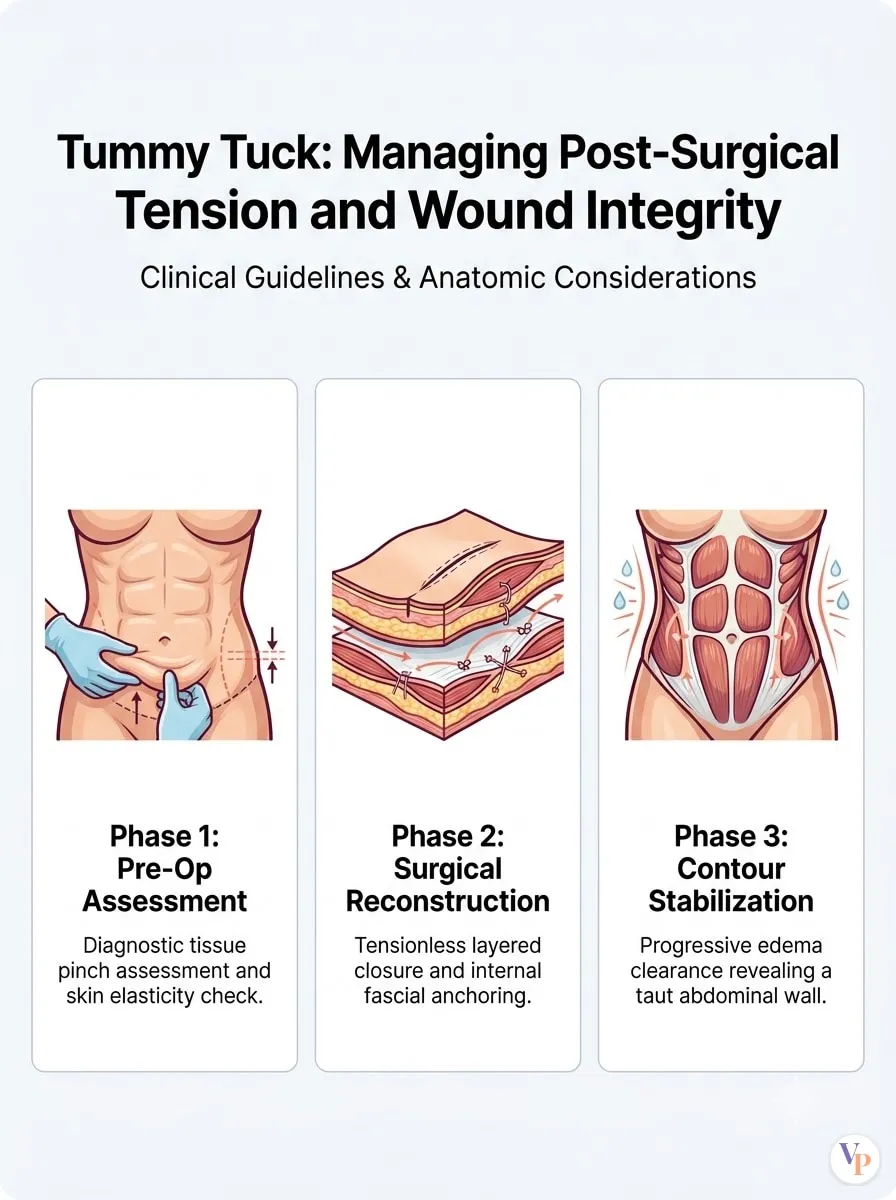 Medical schematic diagram illustrating Managing Post-Surgical Tension and Wound Integrity in tummy tuck surgery by Dr. Vishal Purohit in Jaipur