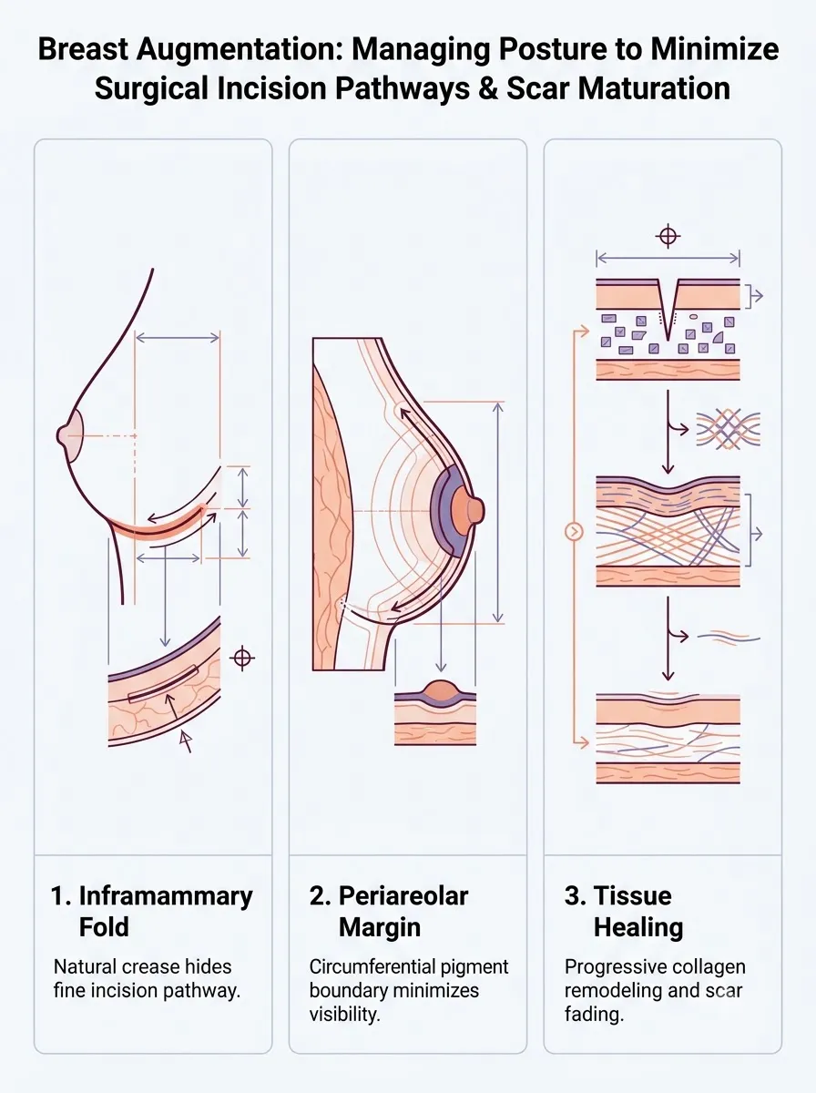 Medical schematic diagram illustrating managing posture to minimize incision tension in breast augmentation surgery by Dr. Vishal Purohit in Jaipur