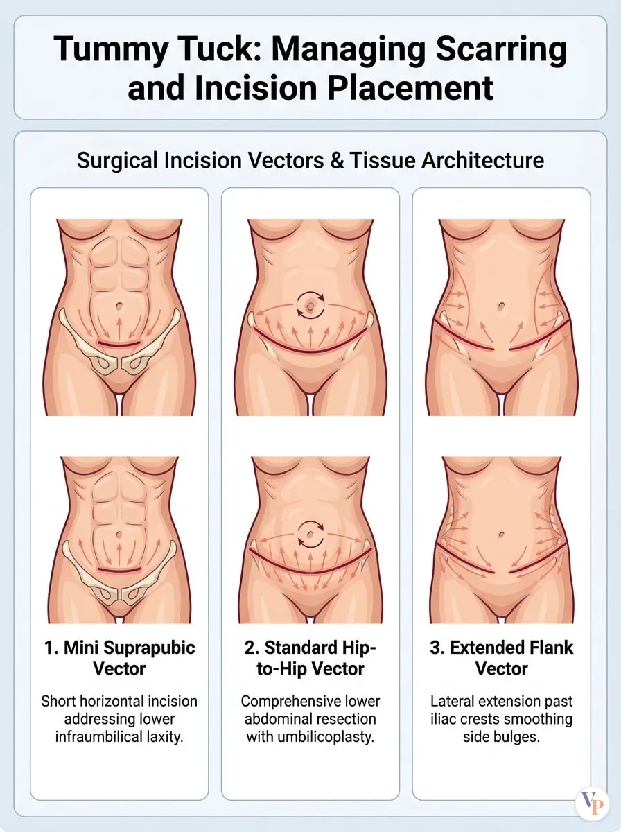 Medical schematic diagram illustrating Managing Scarring and Incision Placement in tummy tuck surgery by Dr. Vishal Purohit in Jaipur