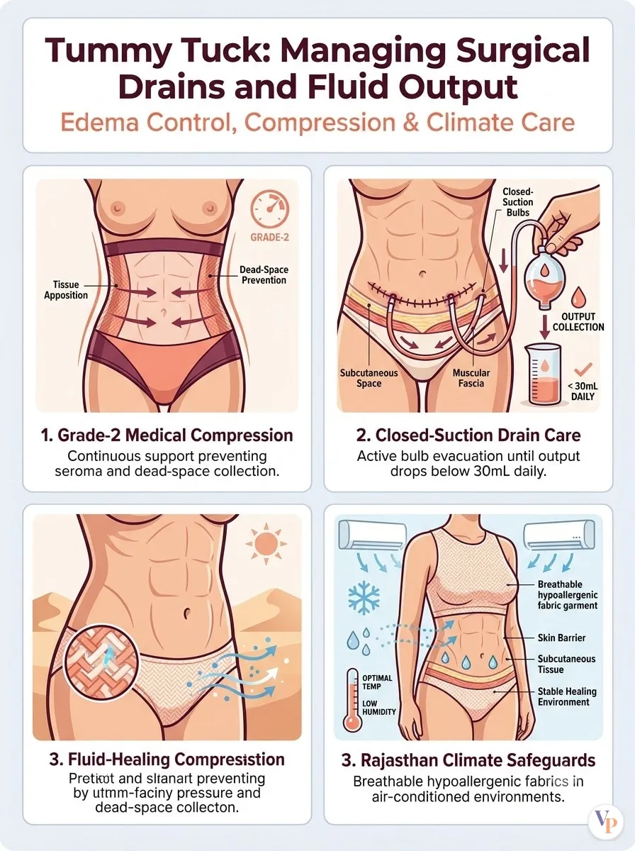 Medical schematic diagram illustrating Managing Surgical Drains and Fluid Output in tummy tuck surgery by Dr. Vishal Purohit in Jaipur